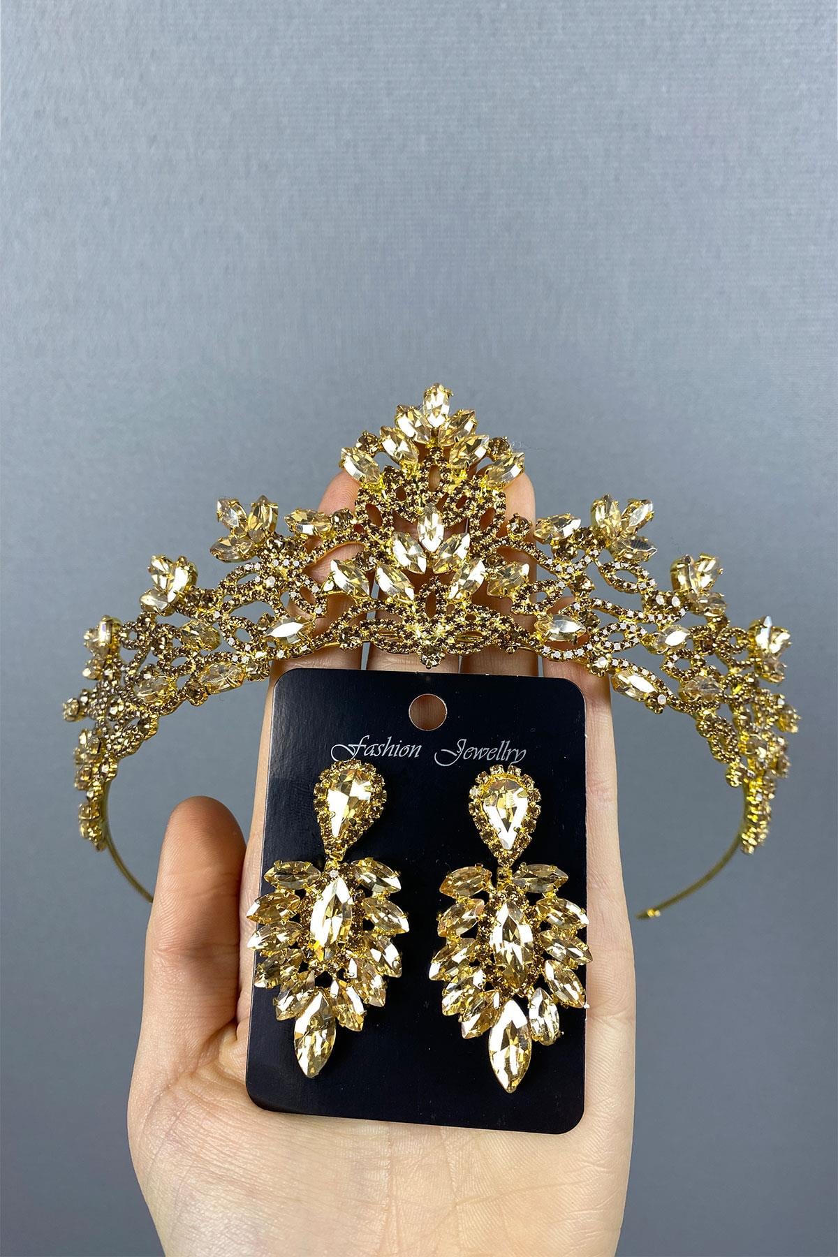 Honey Color Melis Bridal Henna Crown And Studded Stone Earrings