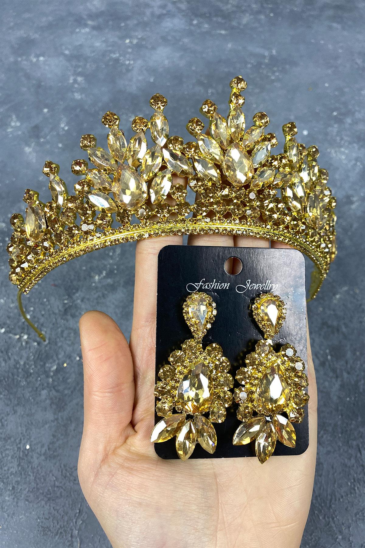 Honey Color Pera Bridal Henna Tiara and Stud Earrings