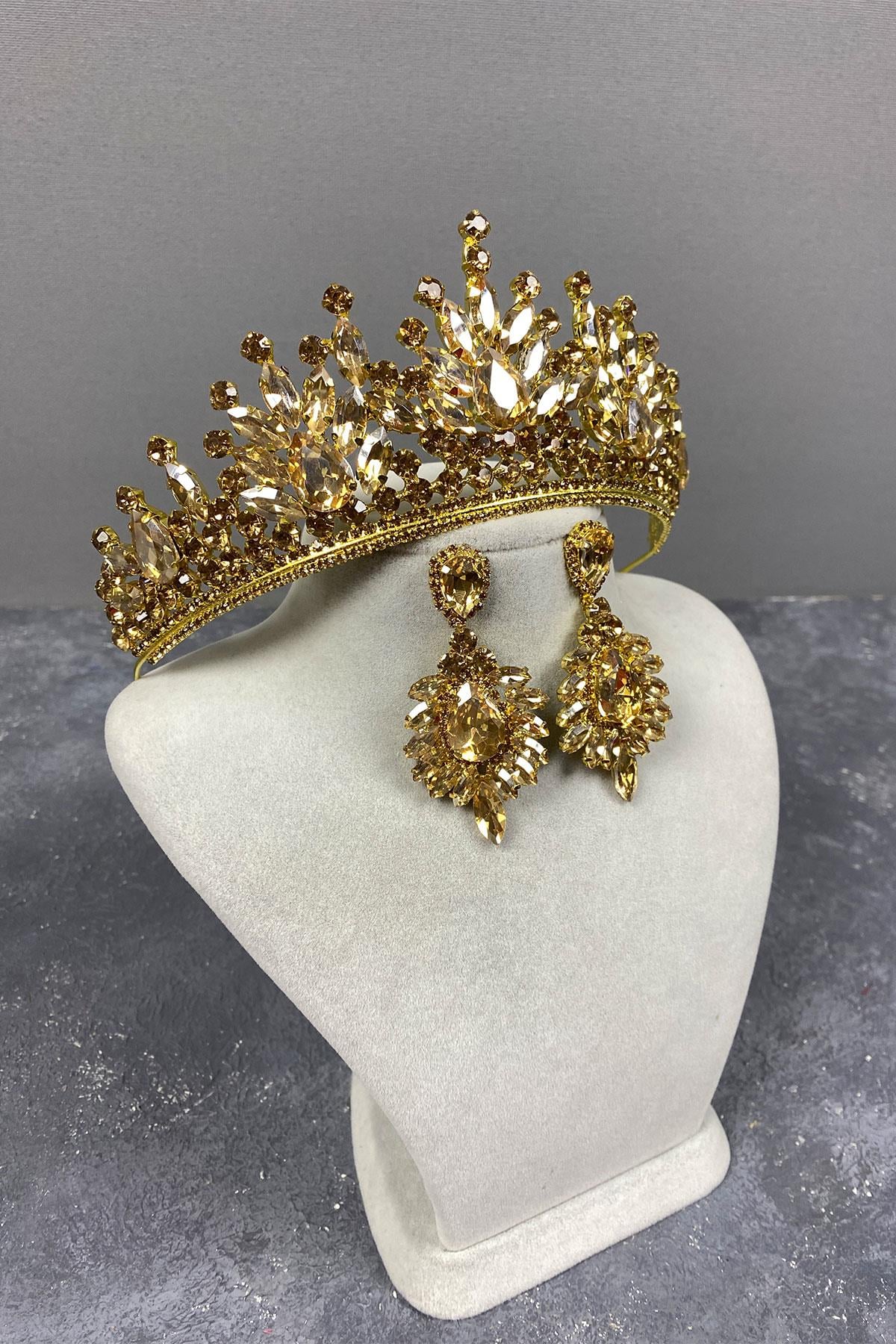 Honey Color Pera Bridal Henna Tiara and Stud Earring Set