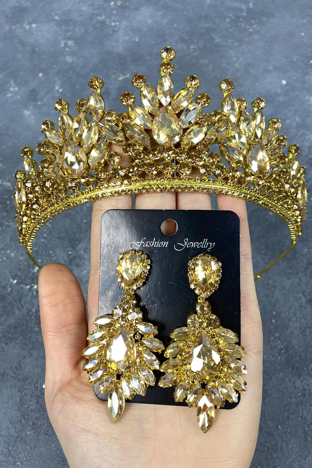 Honey Color Pera Bridal Henna Tiara and Stud Earring Set