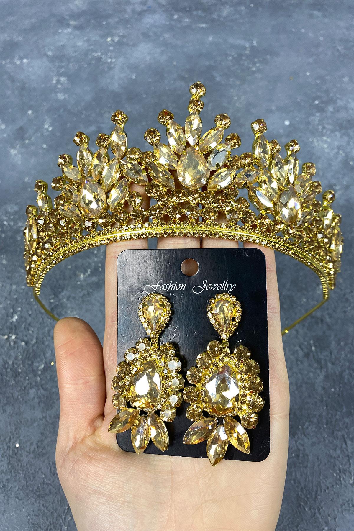 Honey Color Pera Bridal Henna Tiara and Stud Earrings