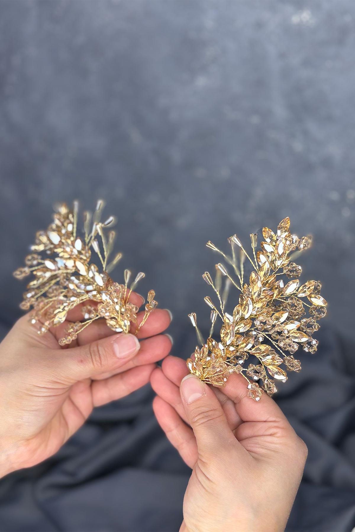 Honey-Colored Selis Double-Sided Bridal Henna Tiara Hair Accessory
