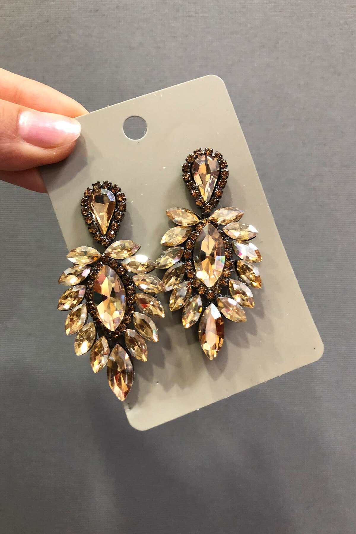 Bal Sarısı Kristal Taşlı Oval Küpe