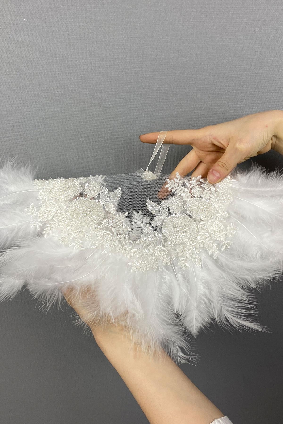 White Bead Embroidered Vip Hairy Design Bridal Halay Handkerchief 1 Piece