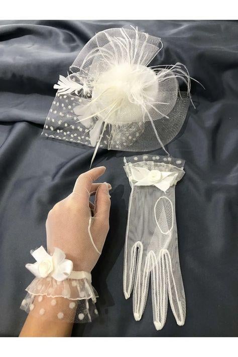 Beyaz Eldiven- Puantiyeli Vualet Nikah Şapkası