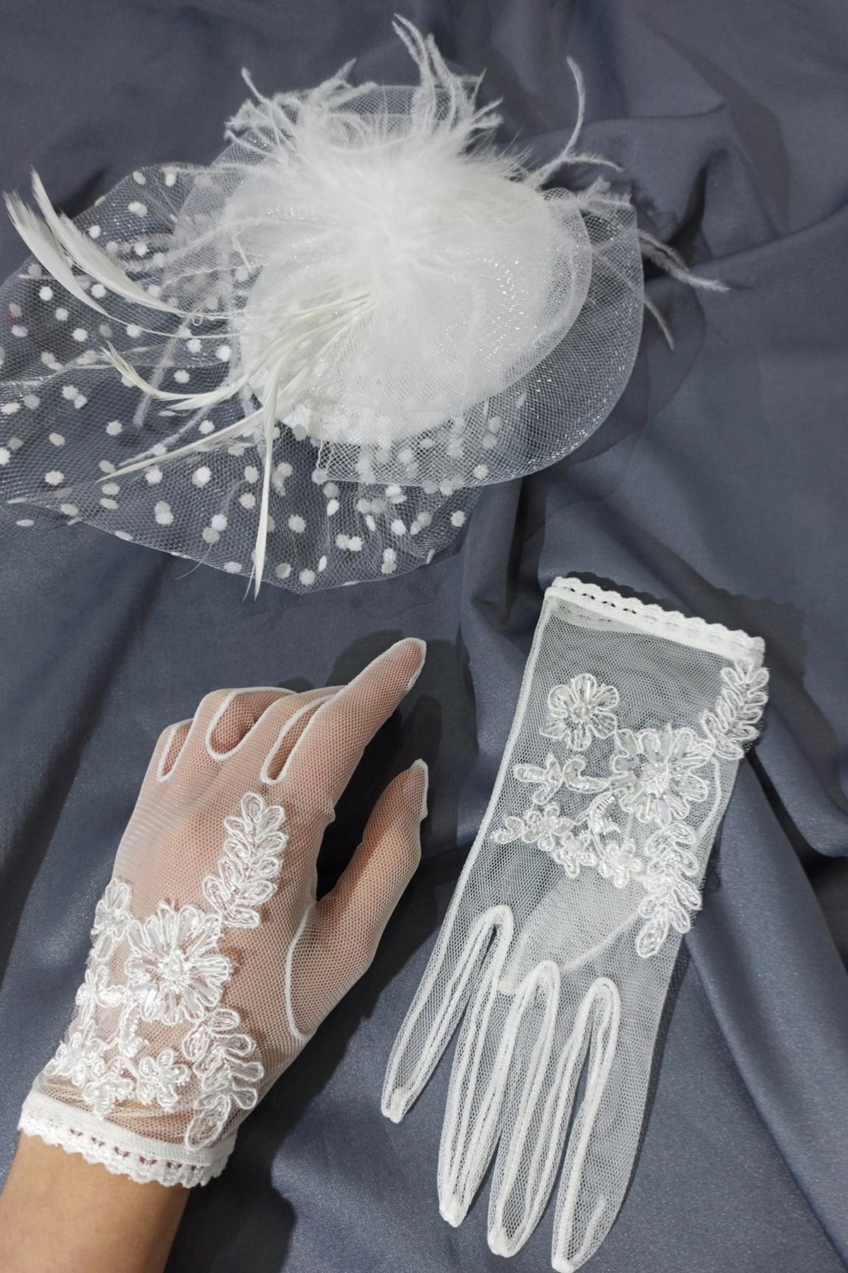 White Floral Gloves-Vualet Wedding Cap Face Veils