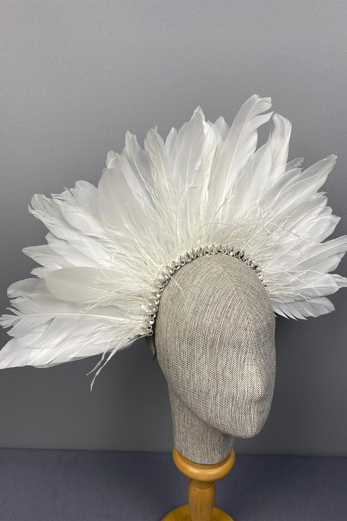 White Enda Feathered Stone Bridal Henna Crown Accessory