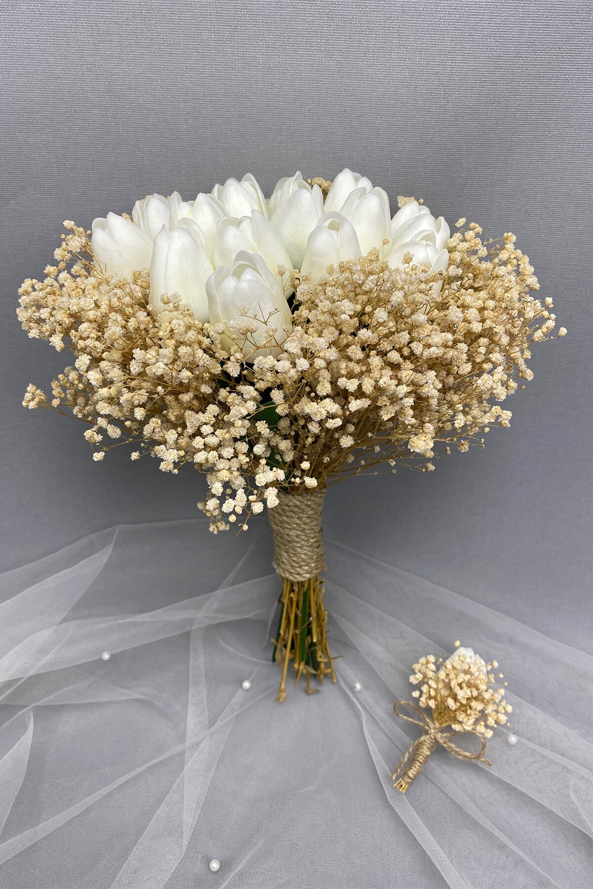 Bride Bouquet and Groom Boutonniere with White Wet Tulip Cream Gypsum