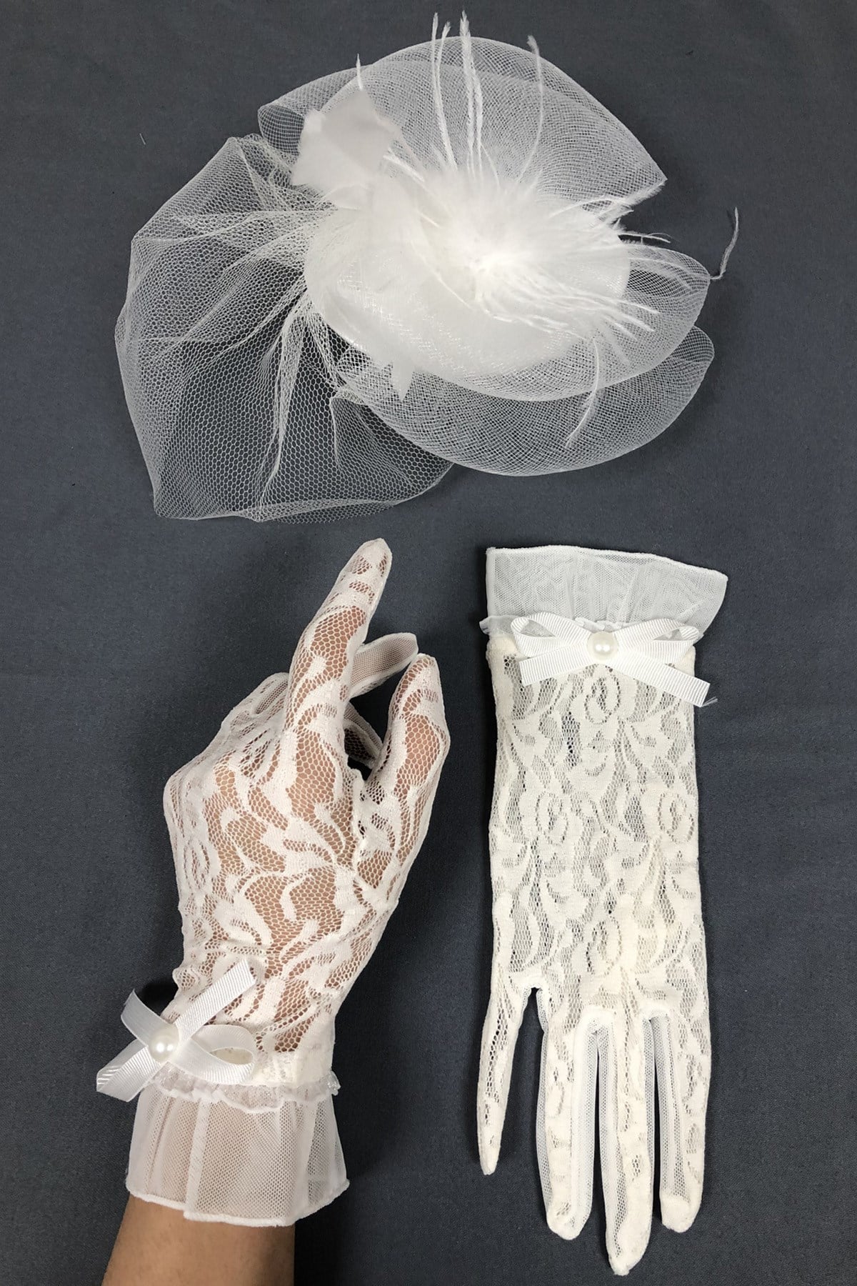 White Wedding Hat and Lacy Gloves Face Veils
