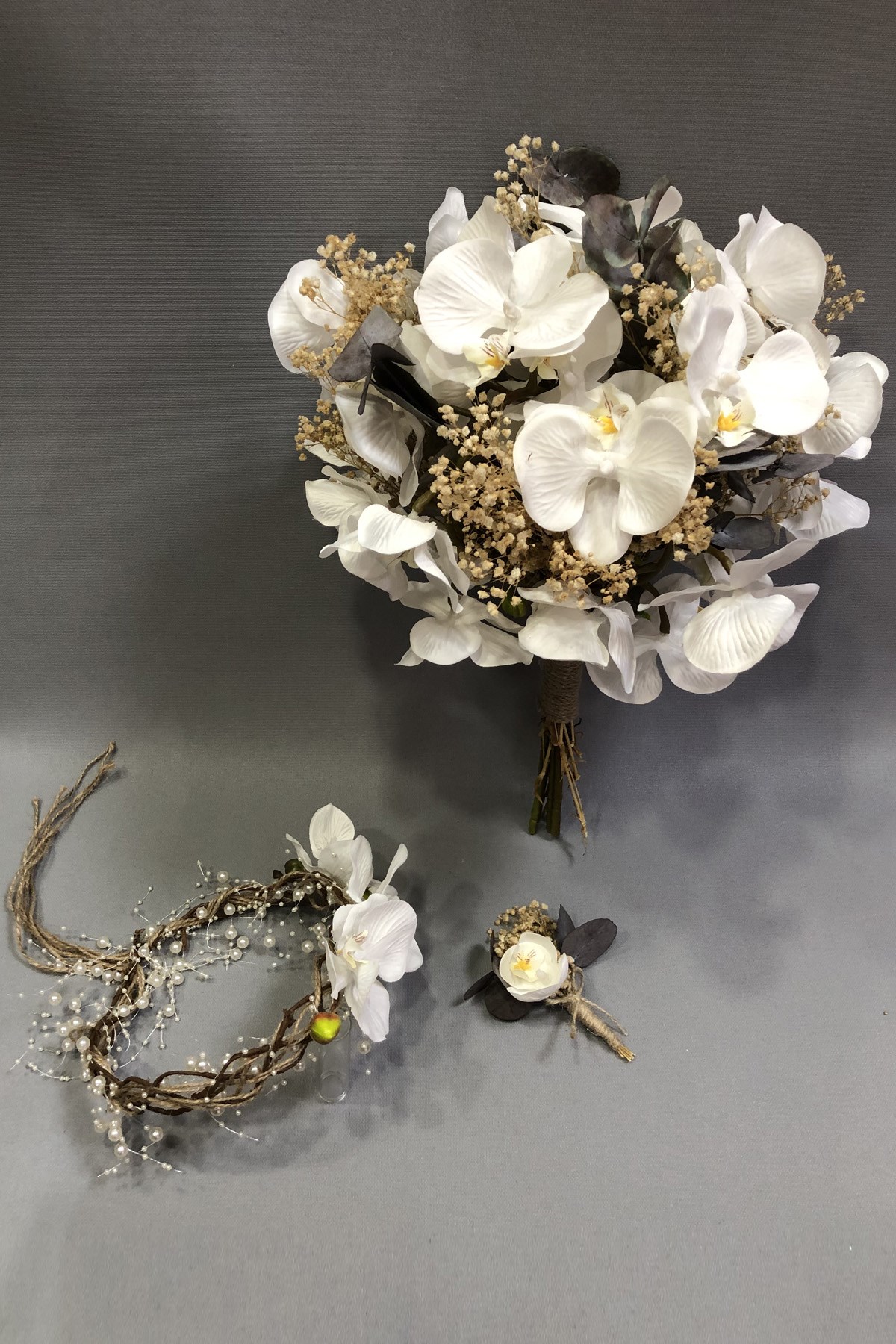 Bridal Bouquet and Tiara with White Orchid and Cipso Eucalyptus