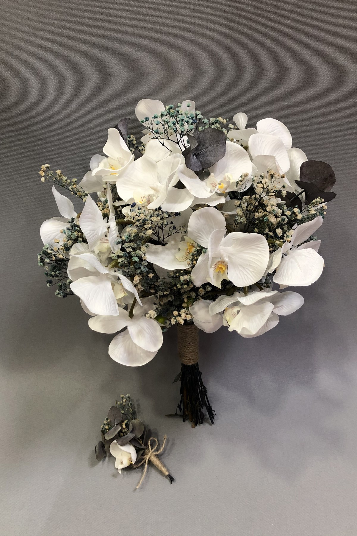Bridal Bouquet with White Orchids and Blue Dried Flowers