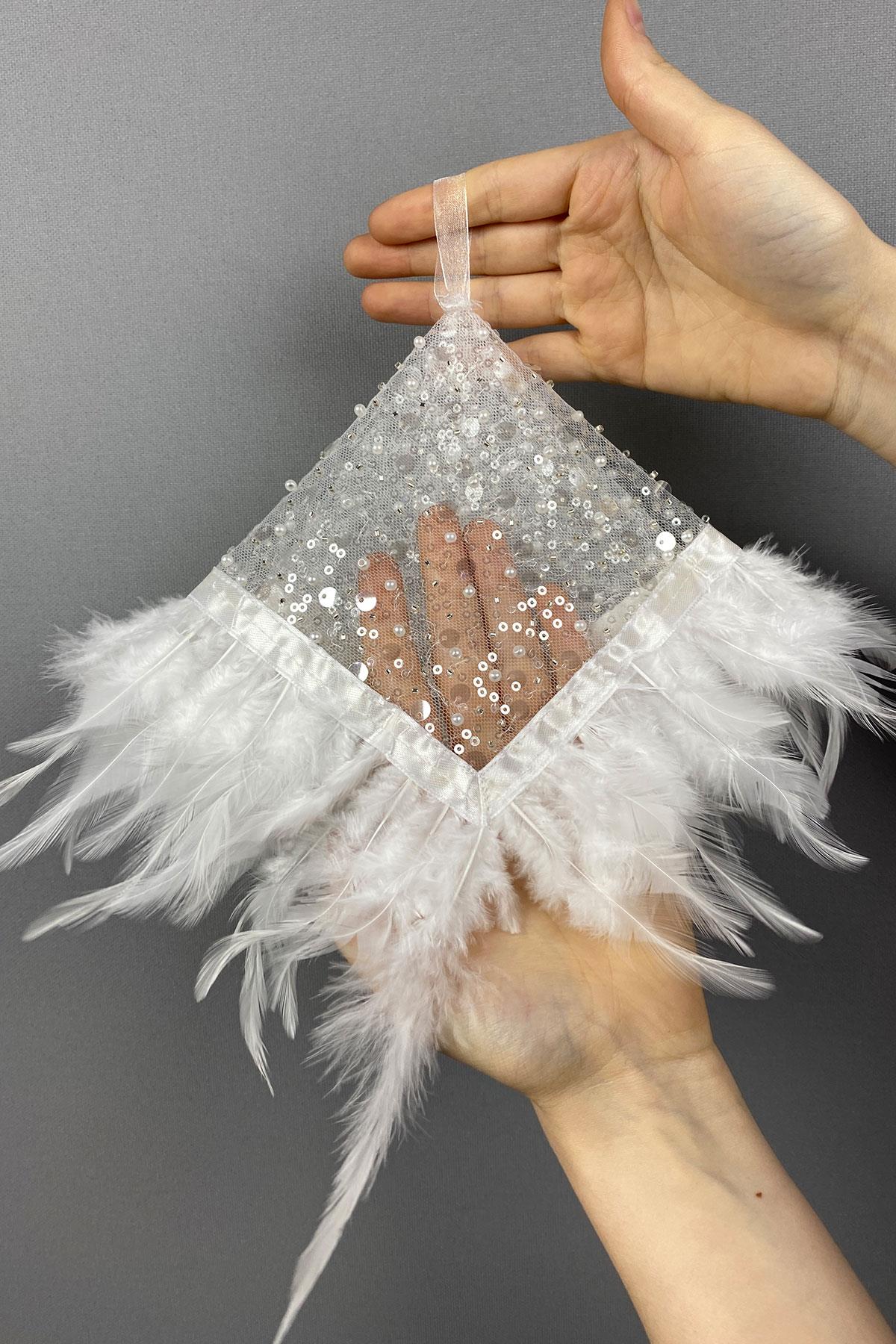 White Authentic Bead Embroidered Hairy Bridal Halay Handkerchief 1 Piece