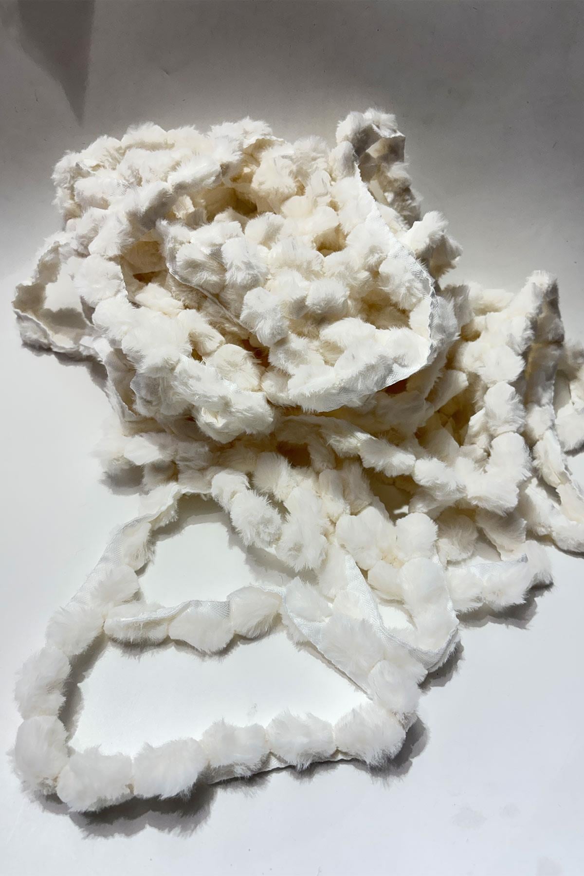 White Plush Ribbon Pom-Pom, Rabbit Tail Pom-Pom, Plush Pom-Pom 1 meter