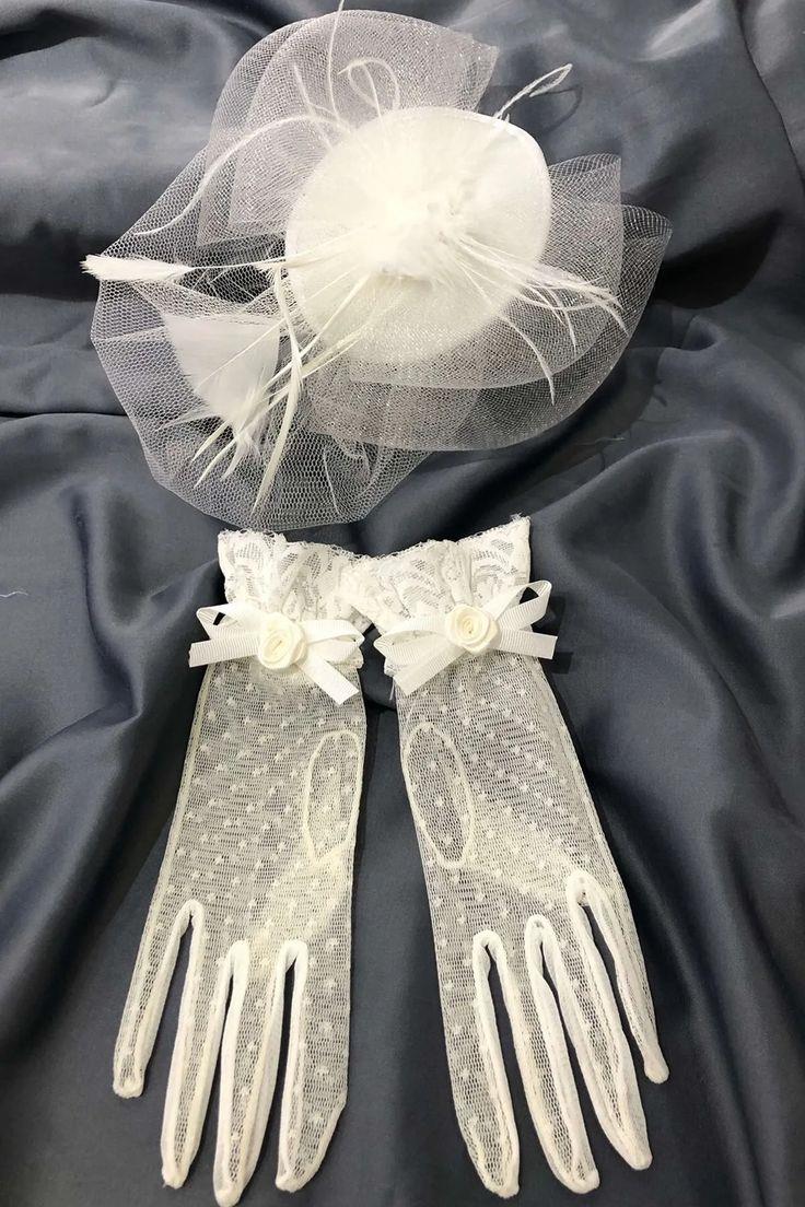 Beyaz Puantiyeli Eldiven- Sade Vualet Nikah Şapkası