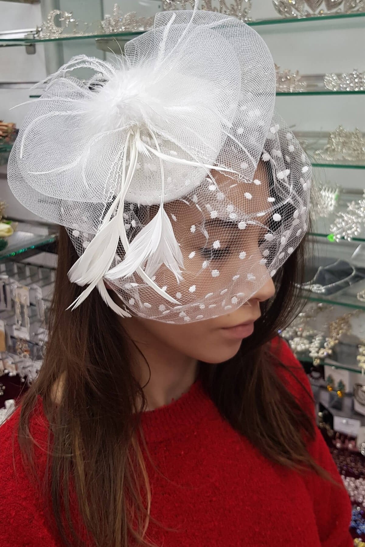 White Polka Dot Violet Wedding Cap Face Veils