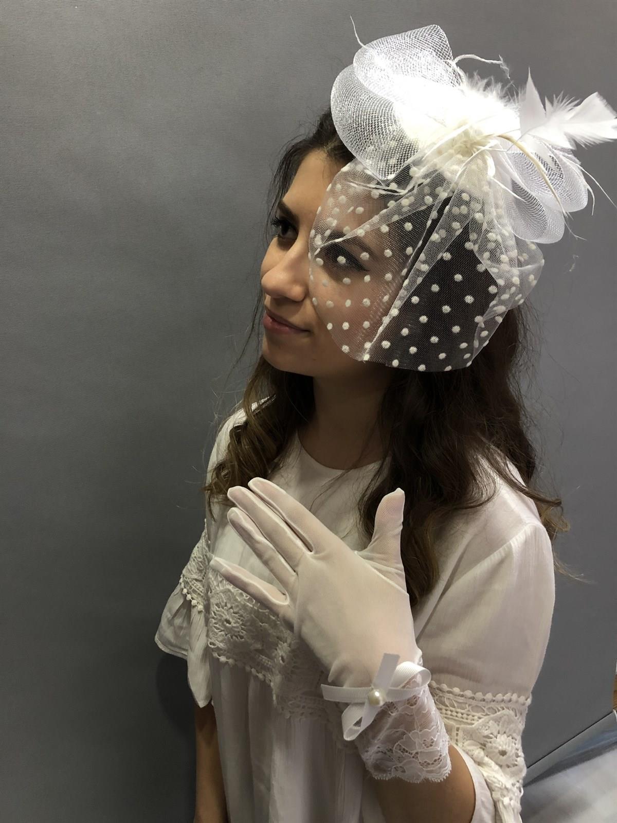 Toptan Beyaz Tül Eldiven- Puantiyeli Vualet Nikah Şapkası