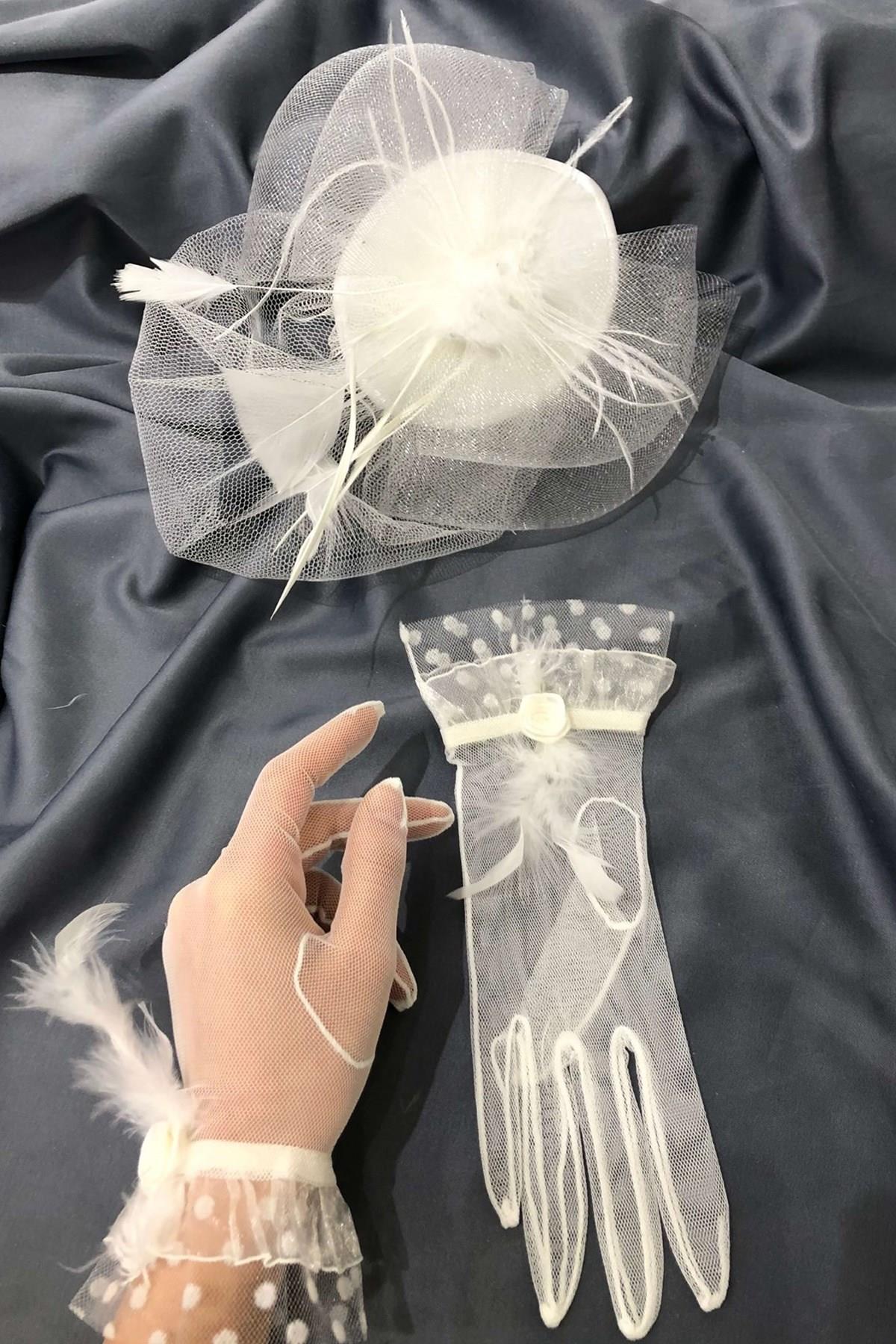 Toptan Beyaz Tüylü Eldiven-Vualet Nikah Şapkası