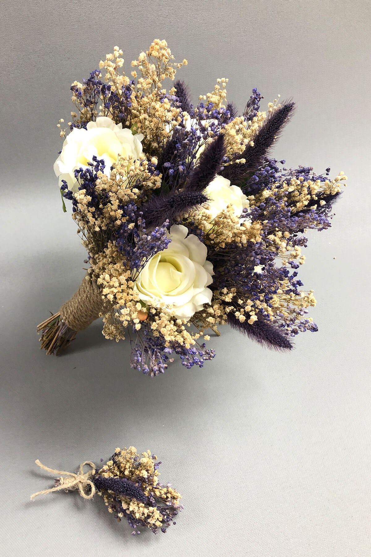 White and Lilac Bride Bouquet and Groom Boutonniere