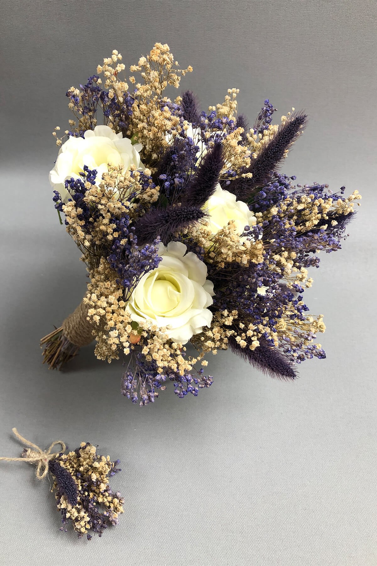 White and Lilac Bride Bouquet and Groom Boutonniere