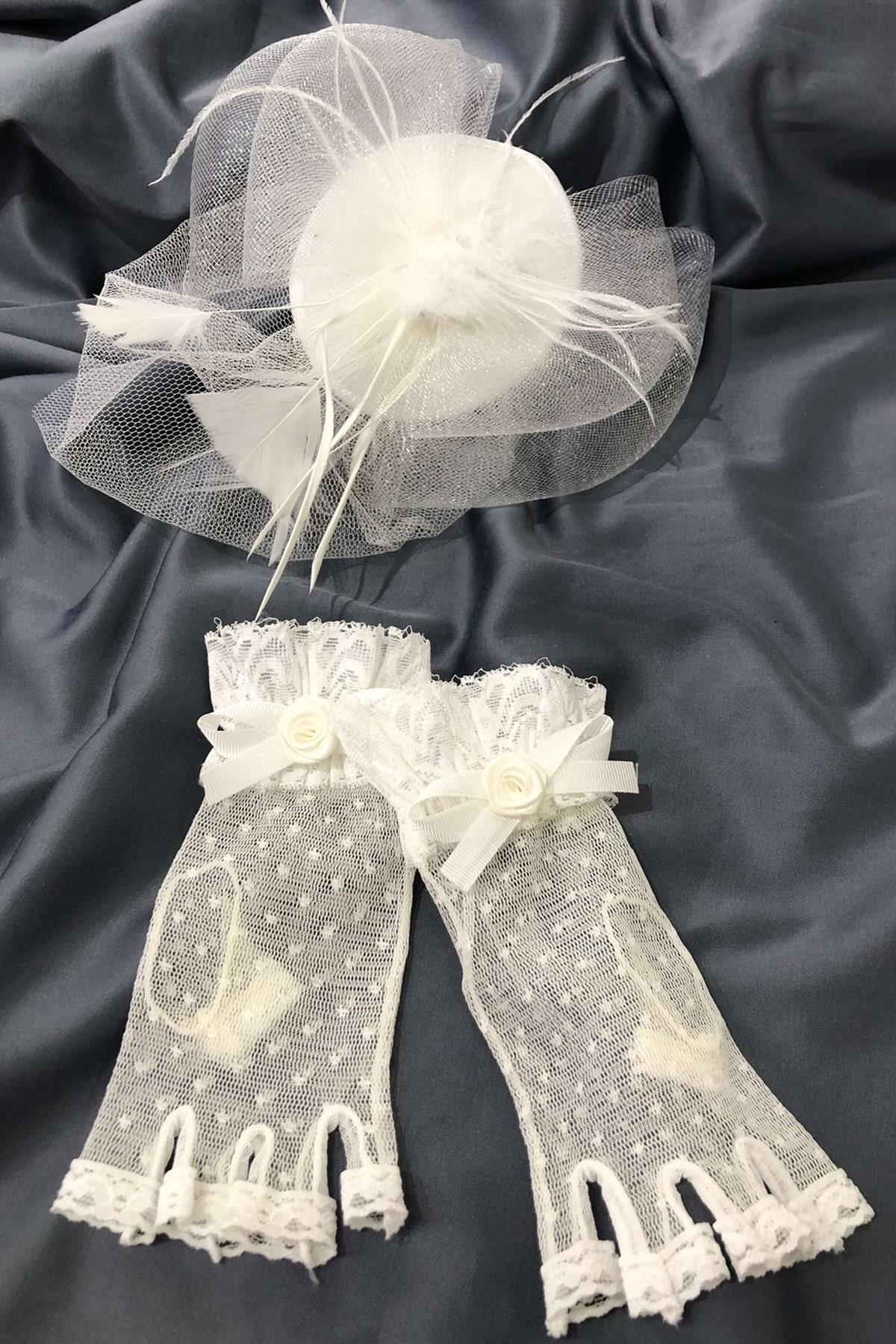 Toptan Beyaz Yarım Parmak Eldiven- Düz Vualet Nikah Şapkası