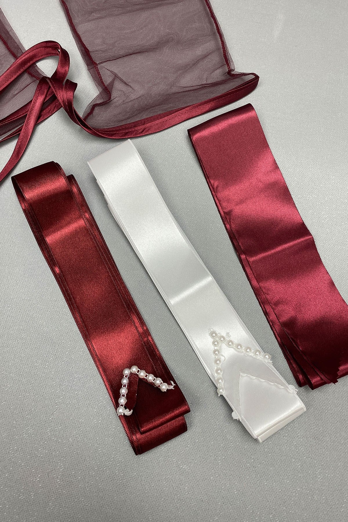 Ribbon Bridal Veil Embroidered Groom Veil and Jewelry Ribbon Set