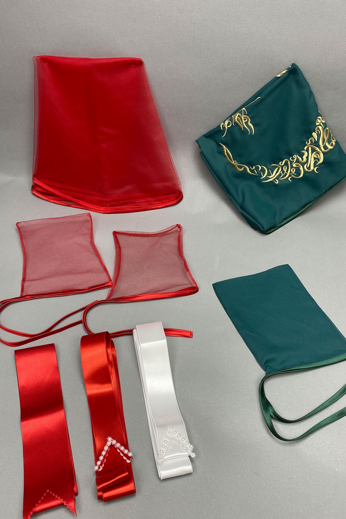 Biyeli Gelin Duvağı Nakışlı Damat Örtü ve Takı Kurdele Seti