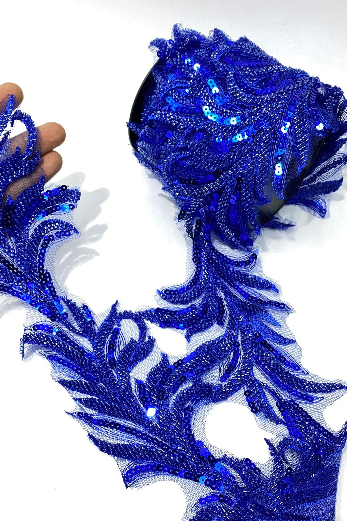 Boncuk İşlemeli Yaprak Desenli Geniş Şerit Aplik 1 Metre