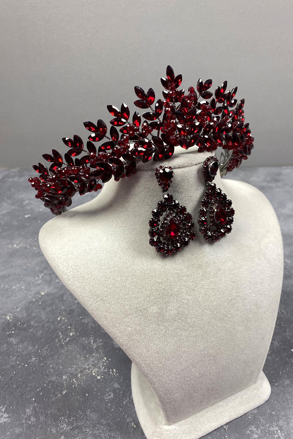 Claret Red Original Bead Embroidered Bridal Henna Crown And Stone Earring Set