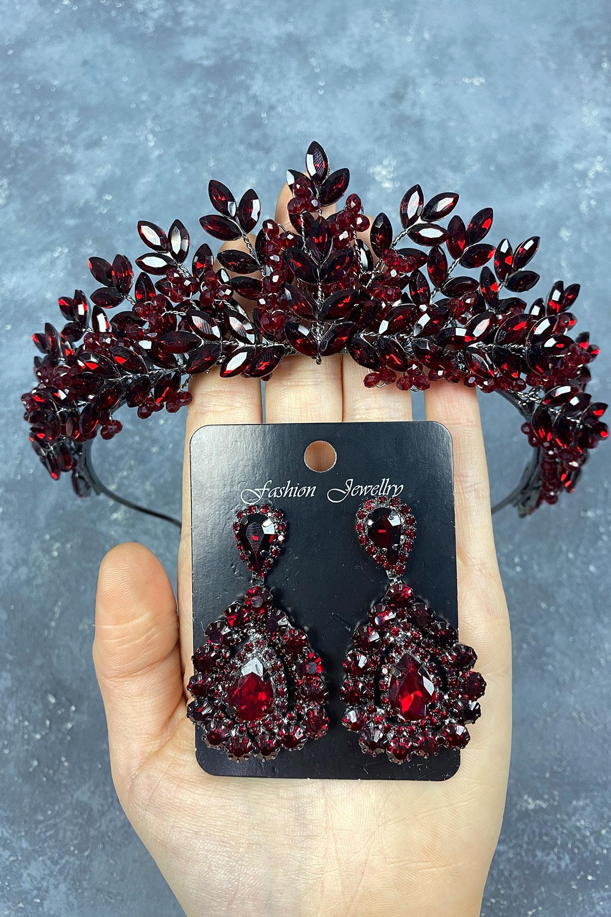 Claret Red Original Bead Embroidered Bridal Henna Crown And Stone Earring Set