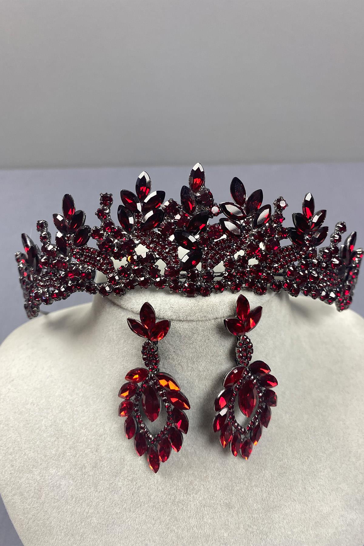 Burgundy Belur Bridal Henna Crown and Drop Earring Set