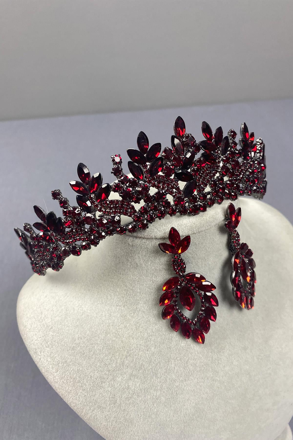 Burgundy Belur Bridal Henna Crown and Drop Earring Set