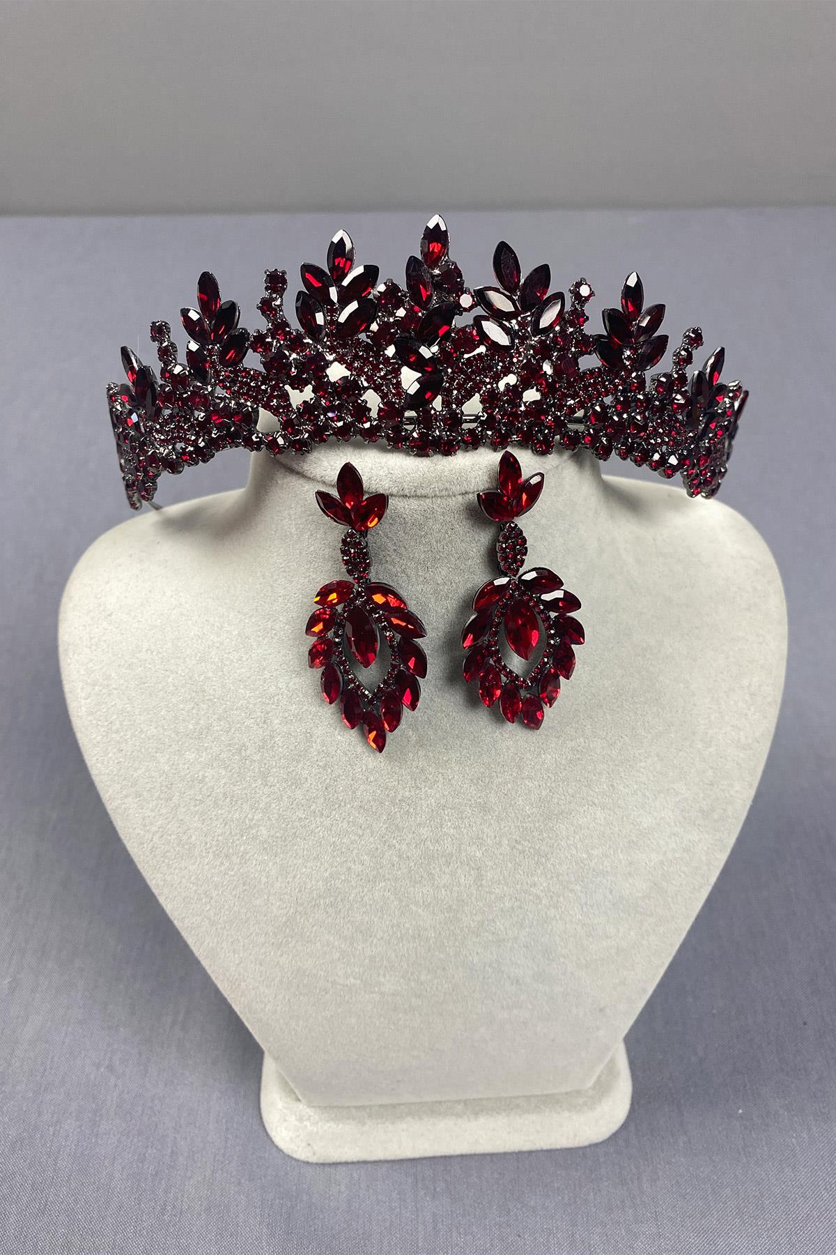 Burgundy Belur Bridal Henna Crown and Drop Earring Set