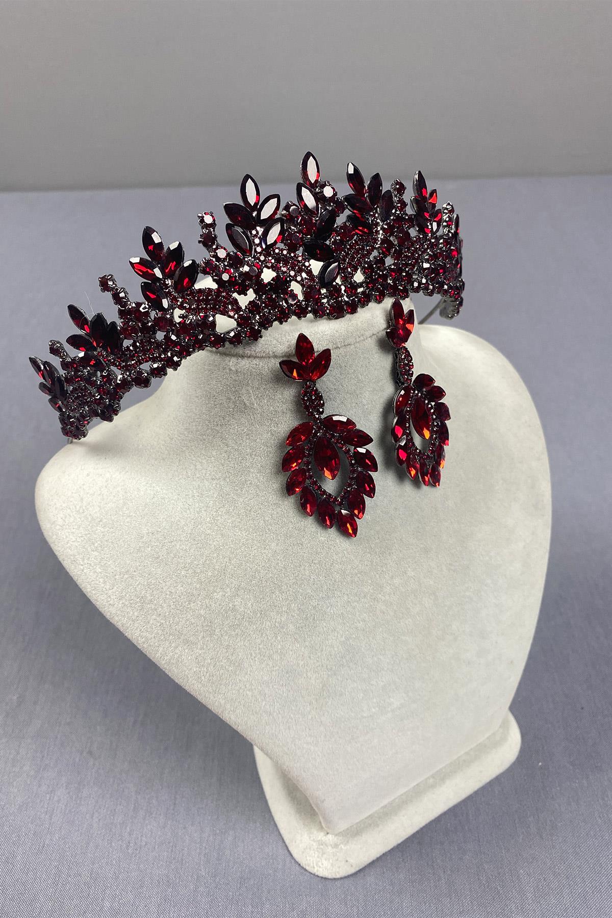 Burgundy Belur Bridal Henna Crown and Drop Earring Set
