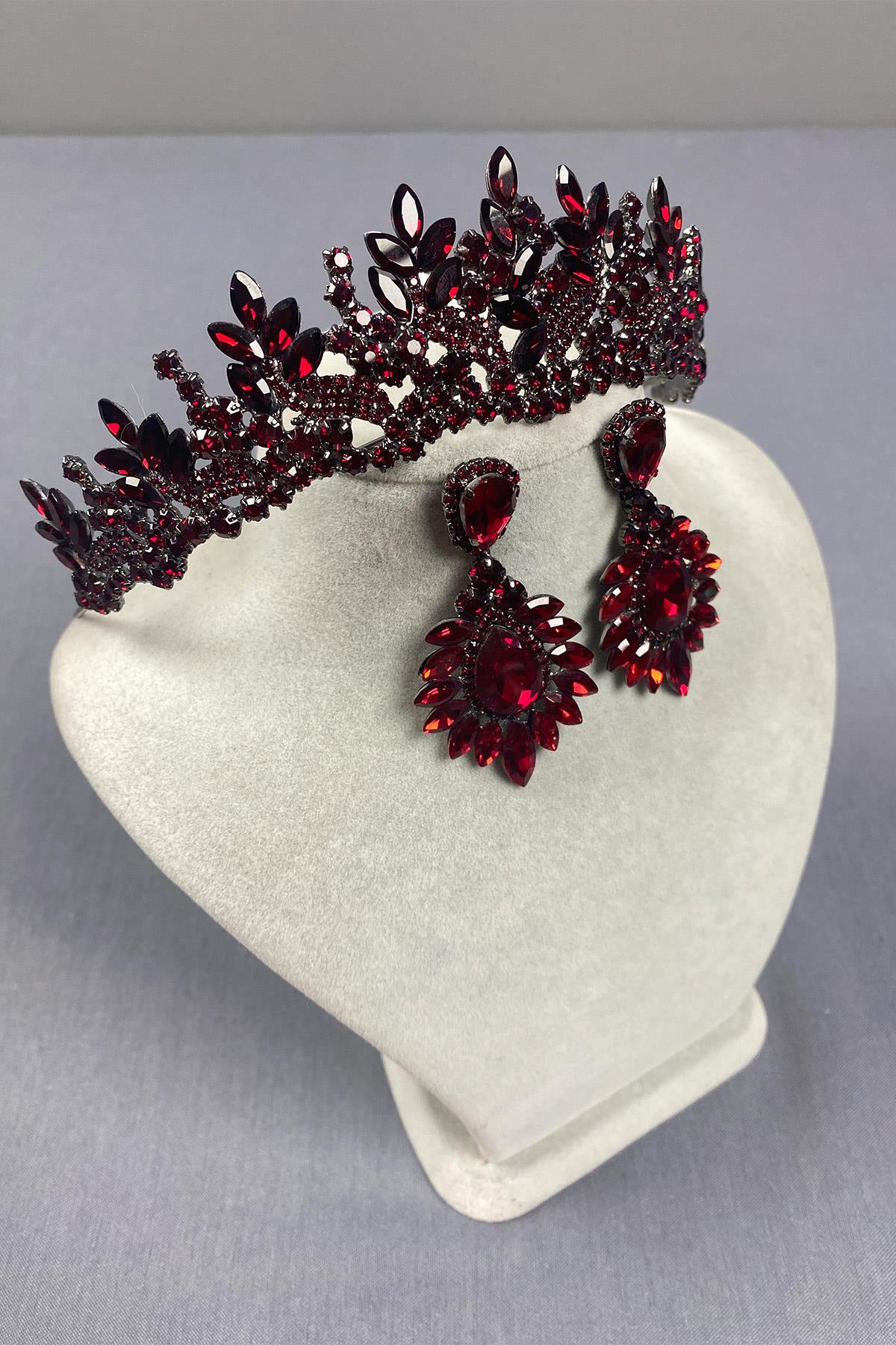 Burgundy Belur Bridal Henna Crown and Shuttle Earring Set