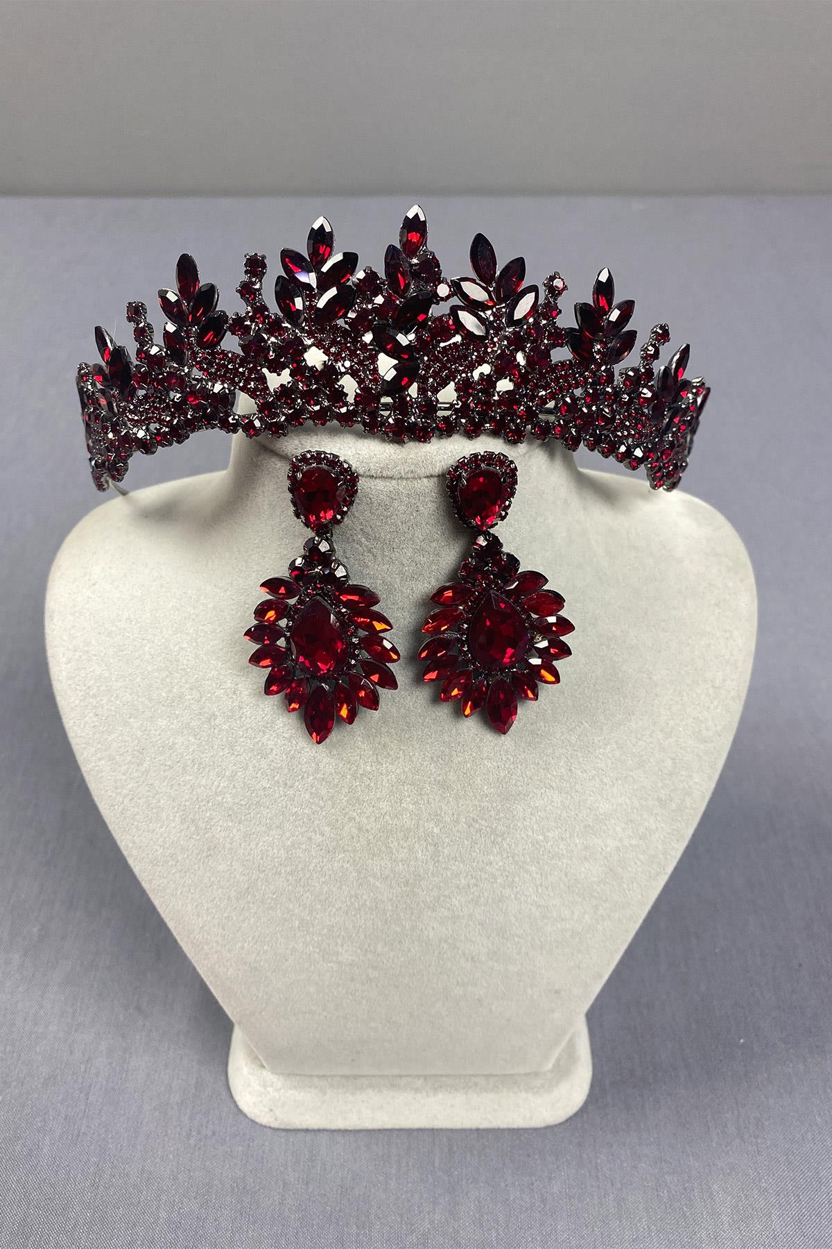 Burgundy Belur Bridal Henna Crown and Shuttle Earring Set