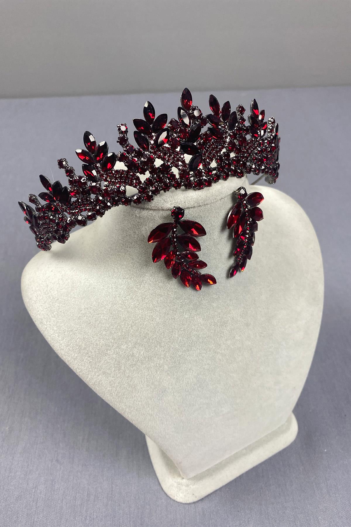 Burgundy Belur Bridal Henna Crown and Leaf Earring Set