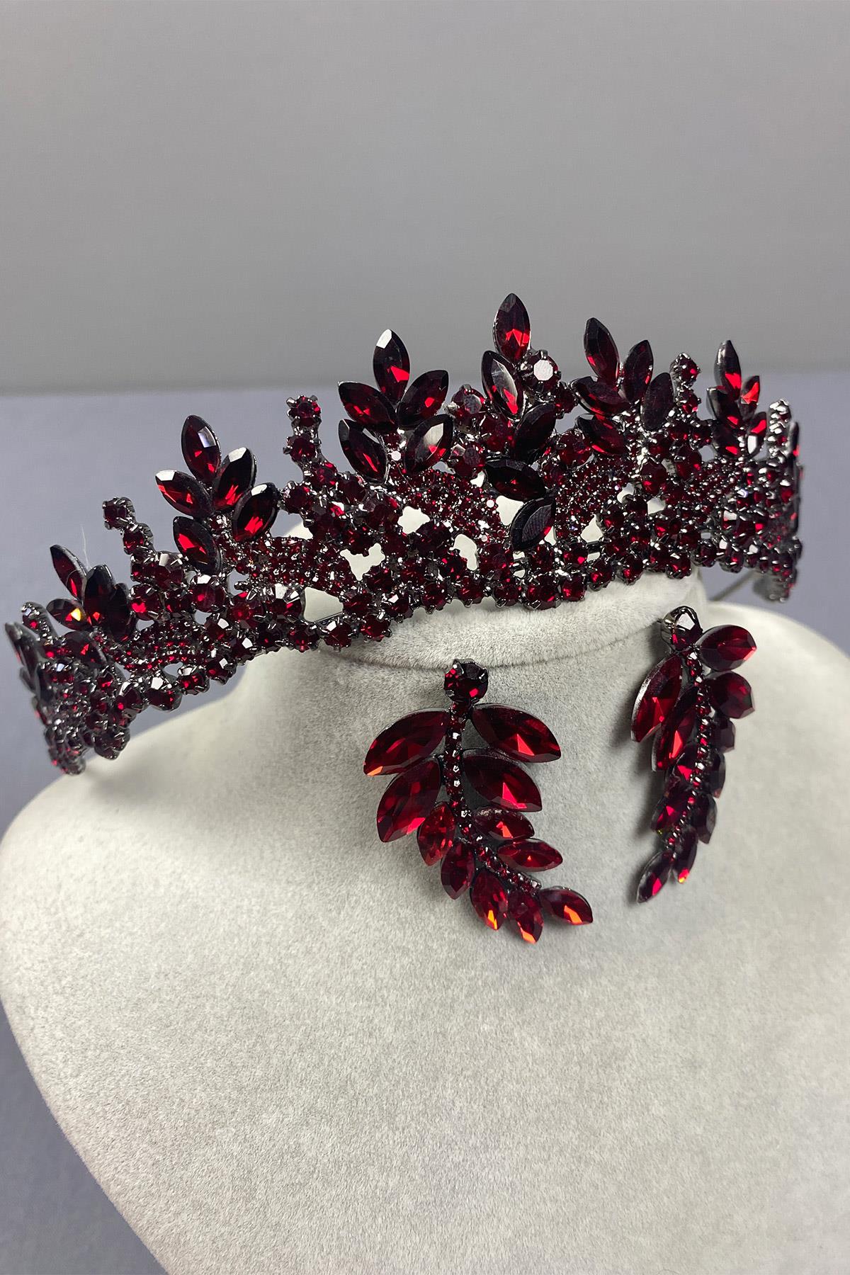 Burgundy Belur Bridal Henna Crown and Leaf Earring Set
