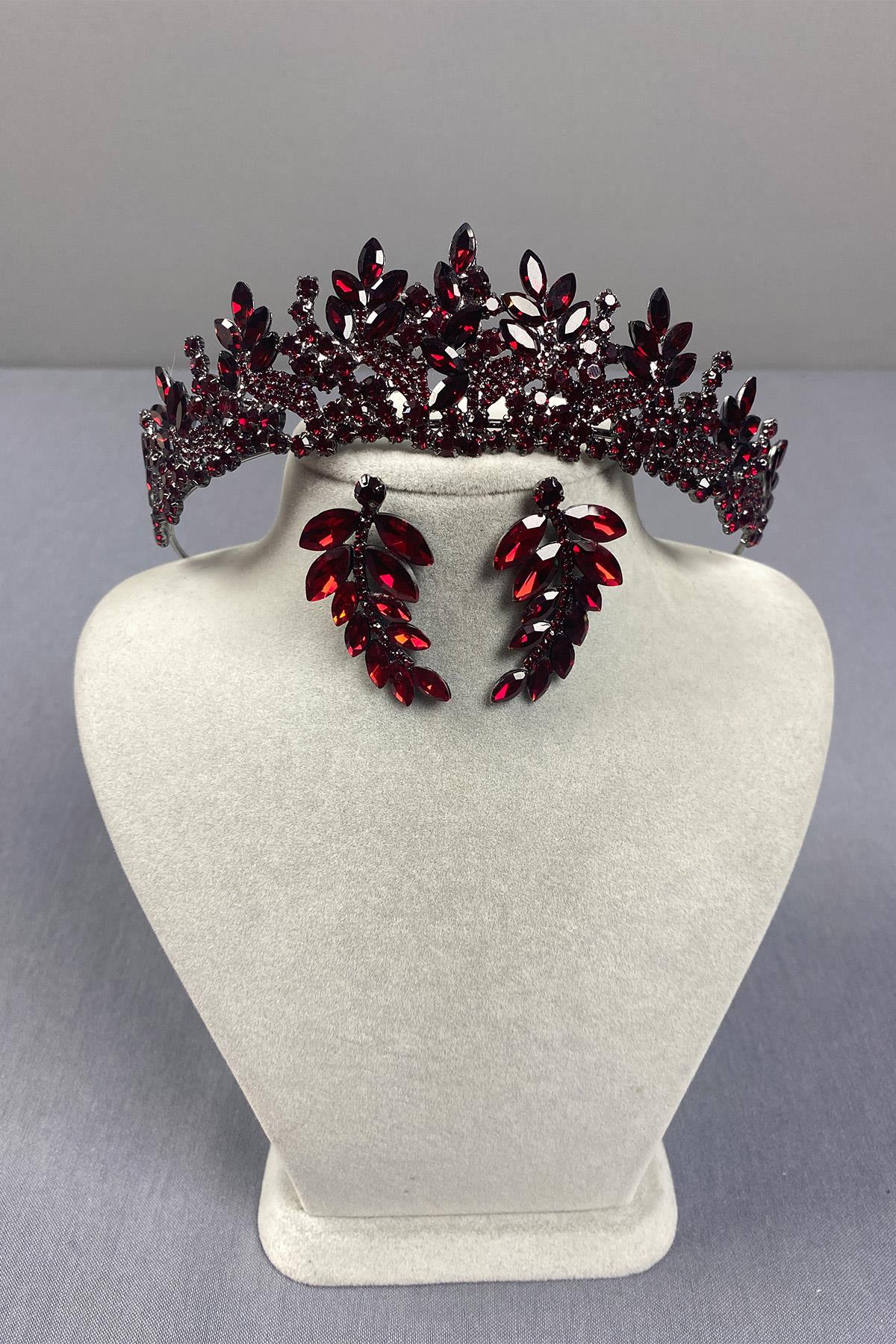 Burgundy Belur Bridal Henna Crown and Leaf Earring Set