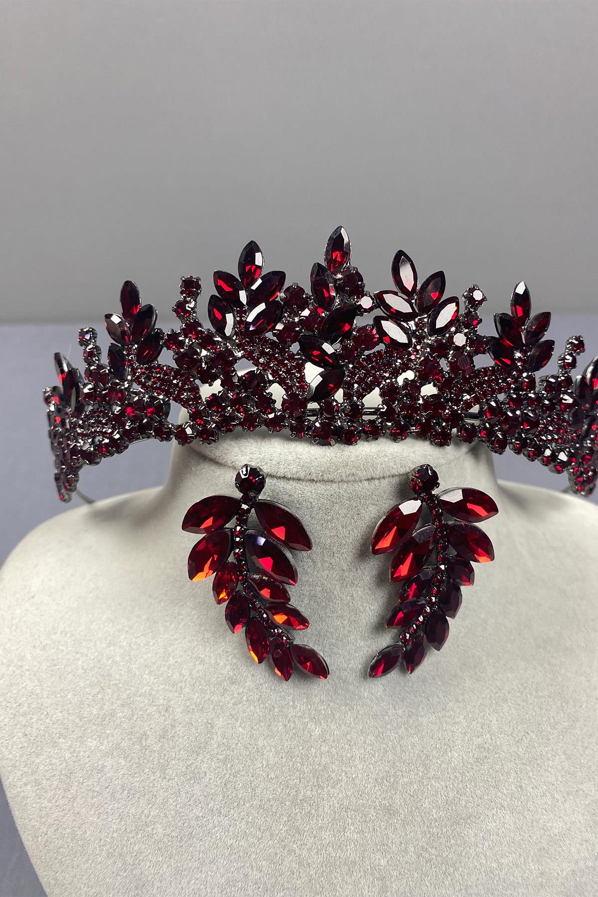Burgundy Belur Bridal Henna Crown and Leaf Earring Set