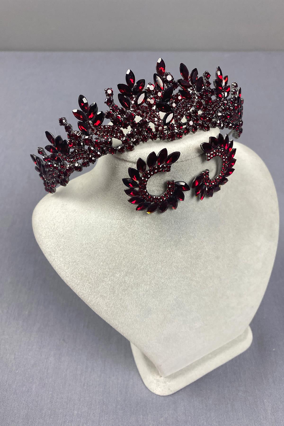 Burgundy Belur Bridal Henna Crown and Round Earring Set