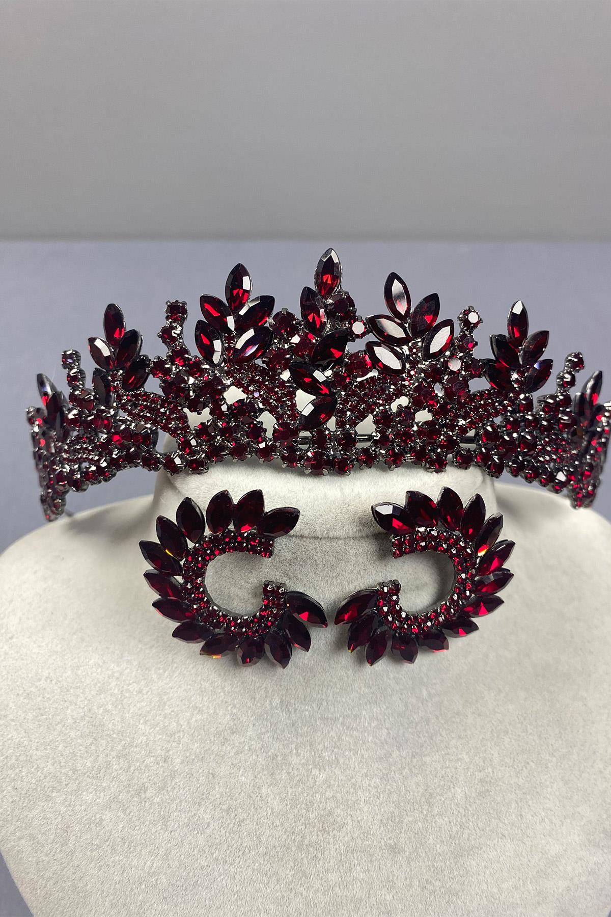 Burgundy Belur Bridal Henna Crown and Round Earring Set