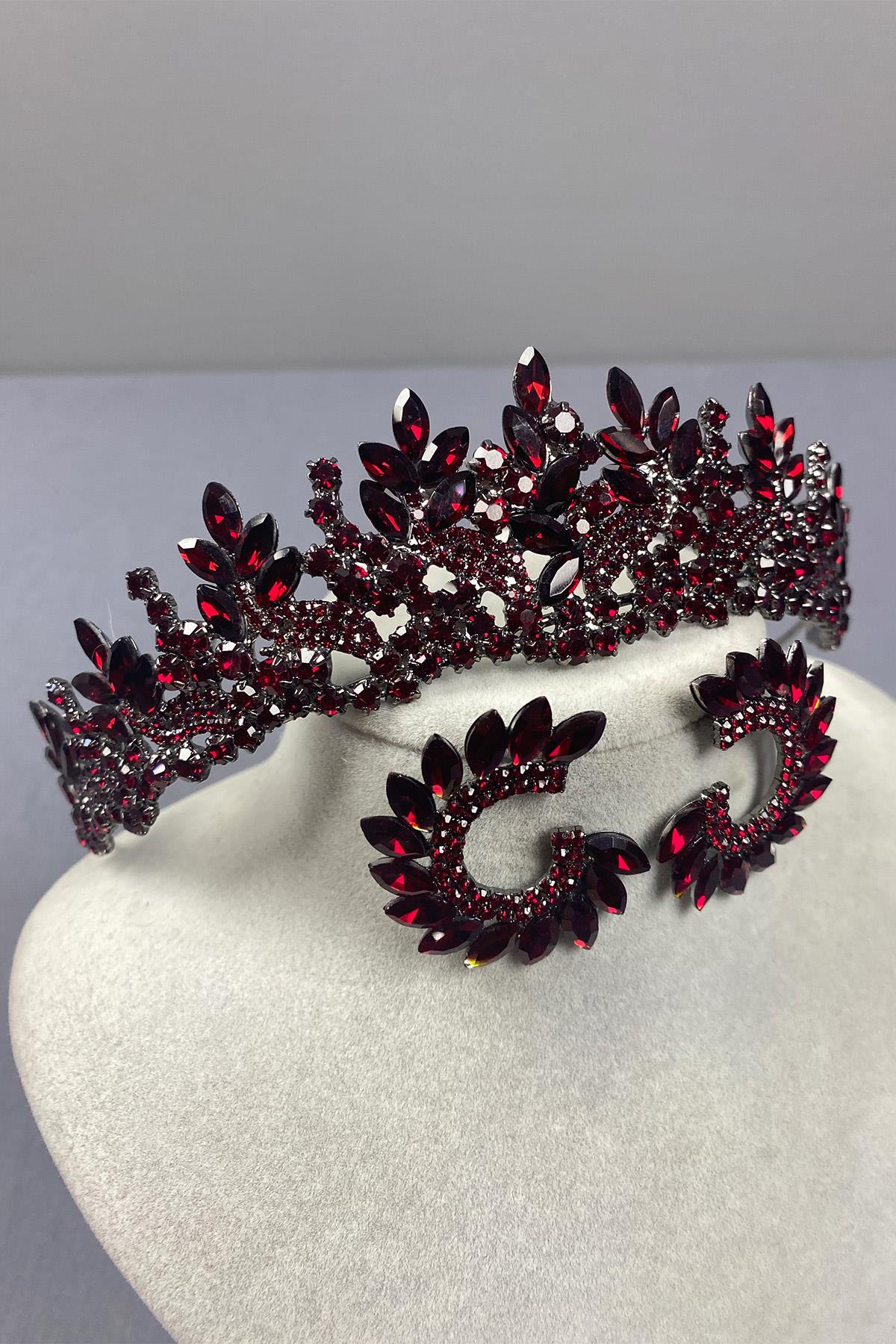 Burgundy Belur Bridal Henna Crown and Round Earring Set