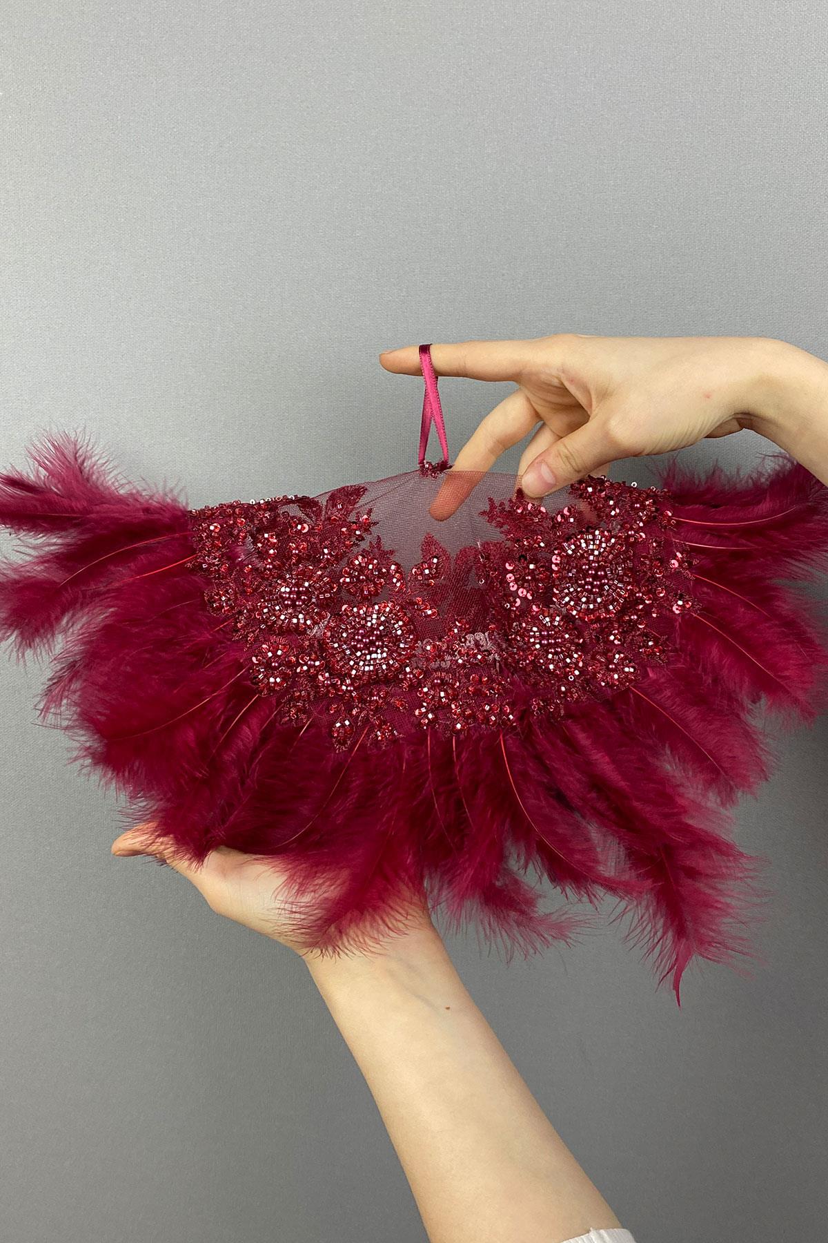 Claret Red Bead Embroidered Vip Hairy Design Bridal Halay Handkerchief 1 Piece