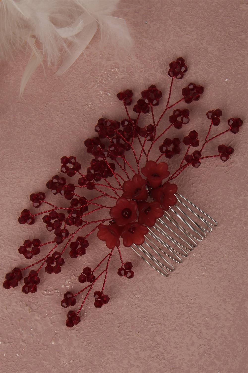 Burgundy Flower Beaded Bridal Hair Accessory Comb Hairpin