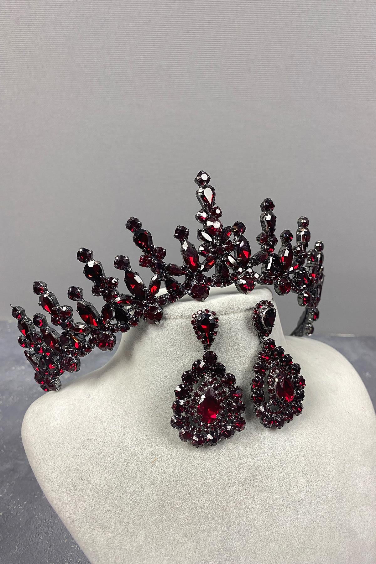Claret Red Cooker Bridal Henna Tiara and Drop Stone Evening Dress Earrings
