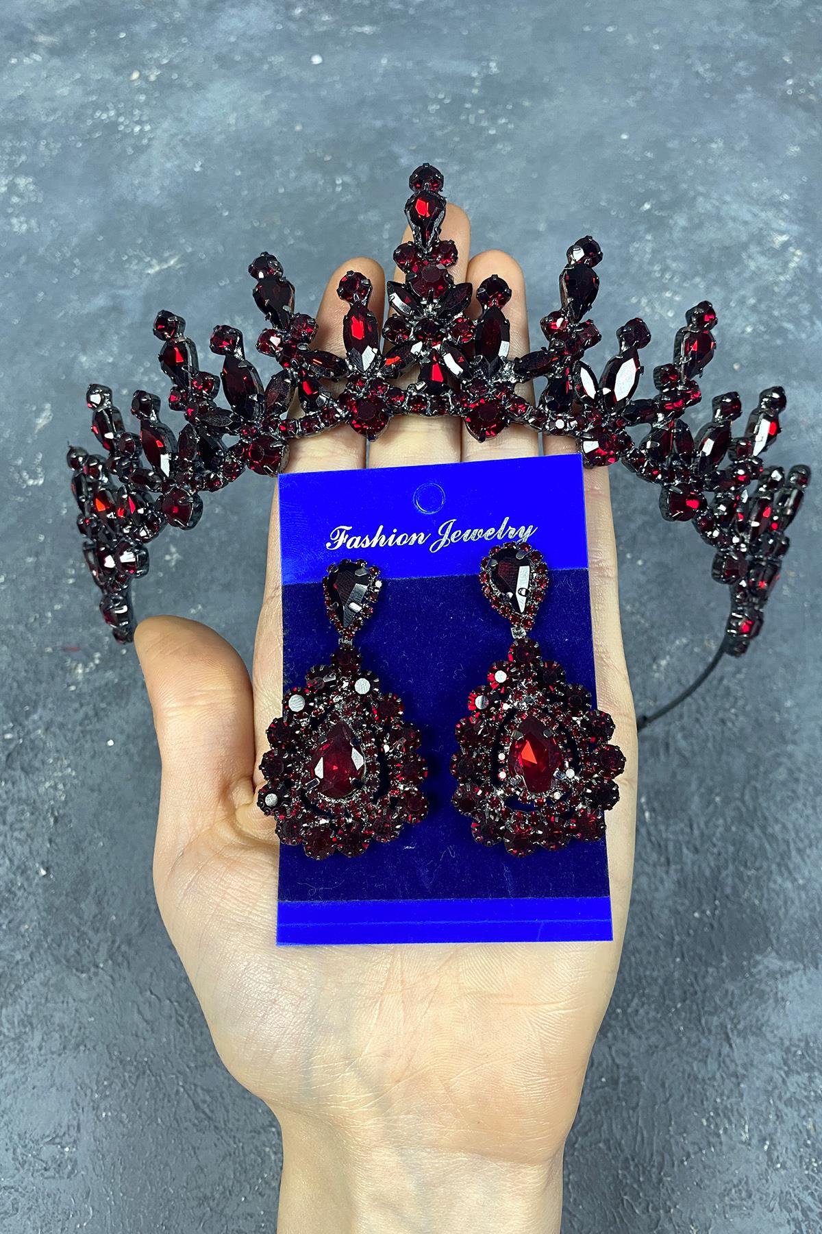 Claret Red Cooker Bridal Henna Tiara and Drop Stone Evening Dress Earrings