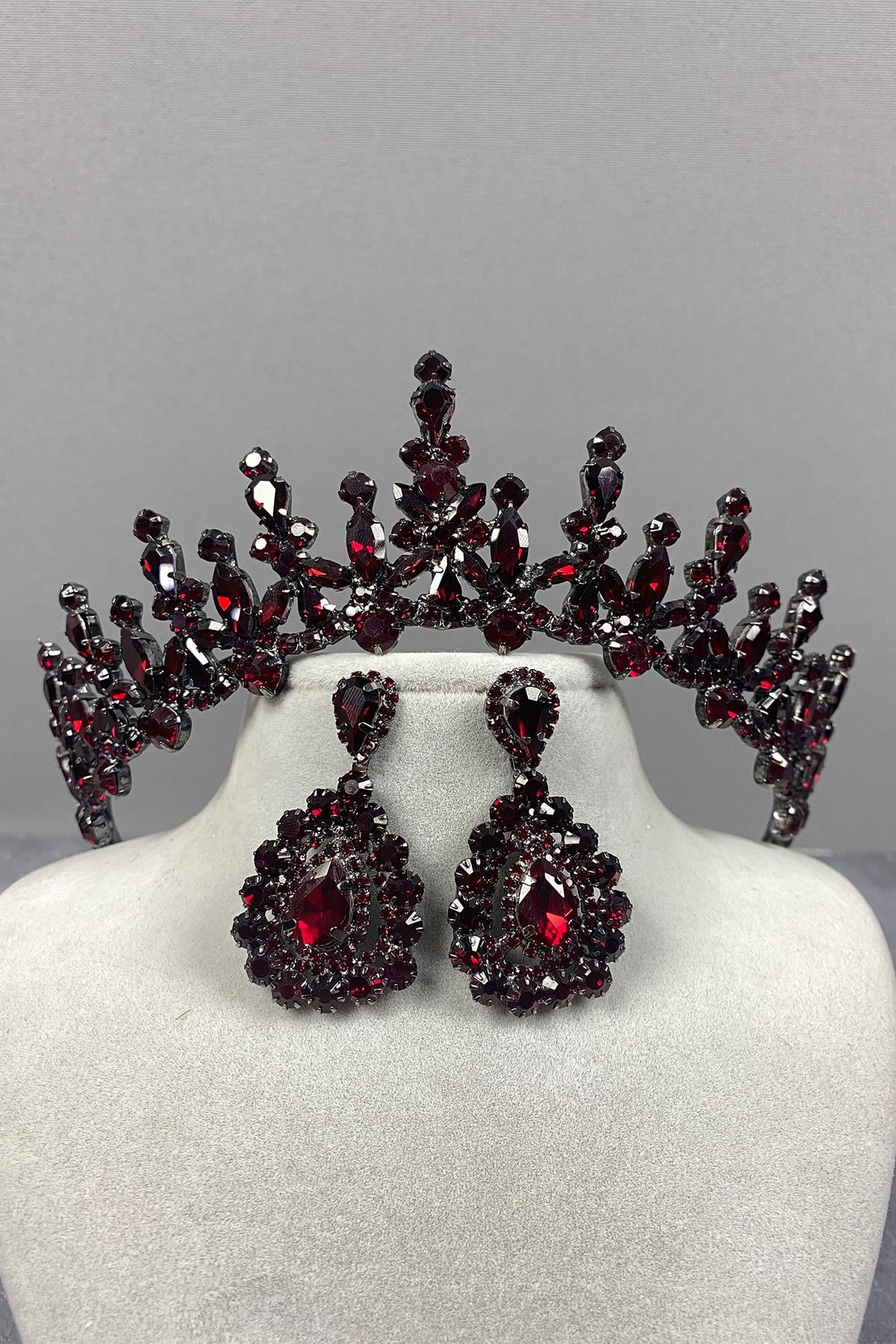 Claret Red Cooker Bridal Henna Tiara and Drop Stone Evening Dress Earrings