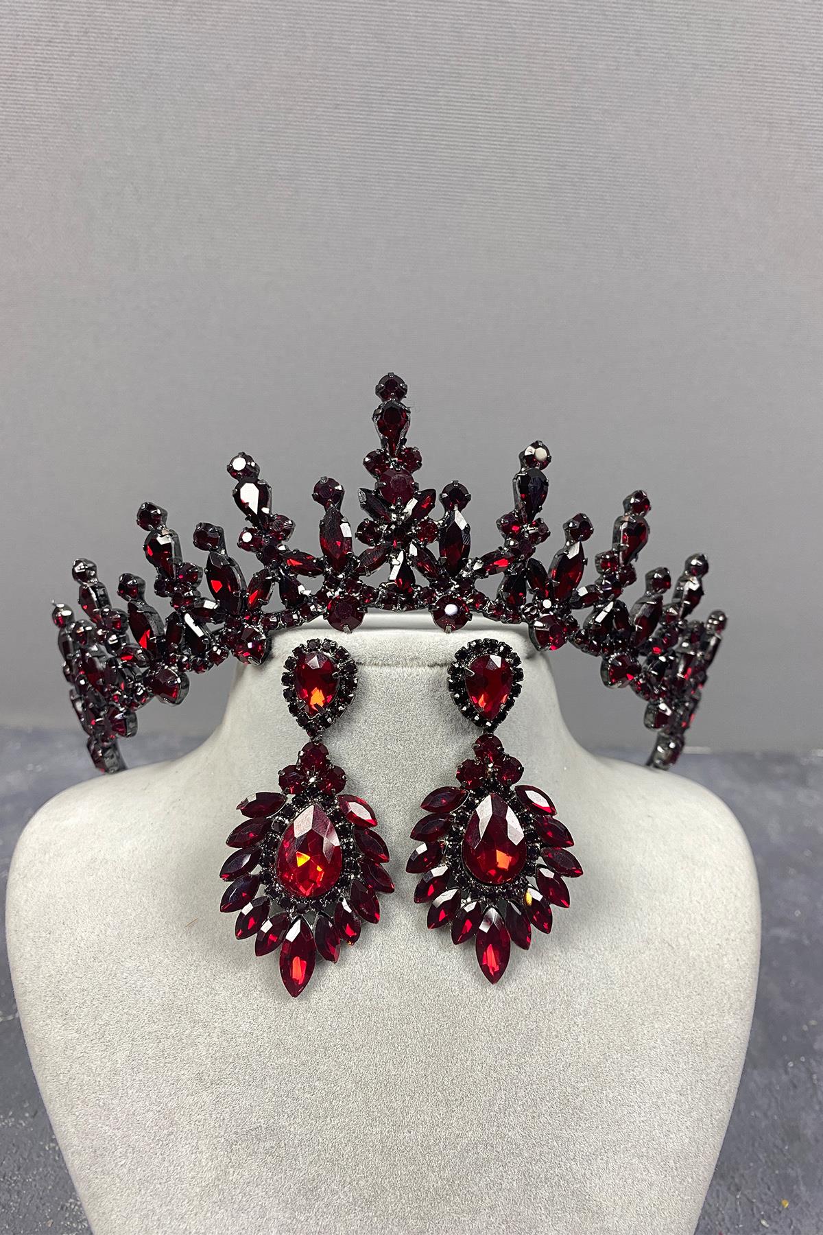 Claret Red Cooker Bridal Henna Crown And Shuttle Stone Evening Dress Earrings