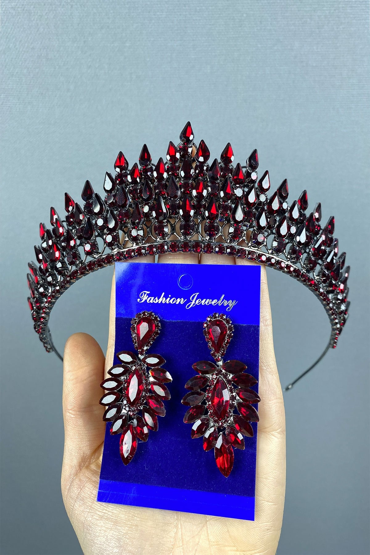Burgundy Drop 3D Bridal Henna Crown And Stone Earring Set