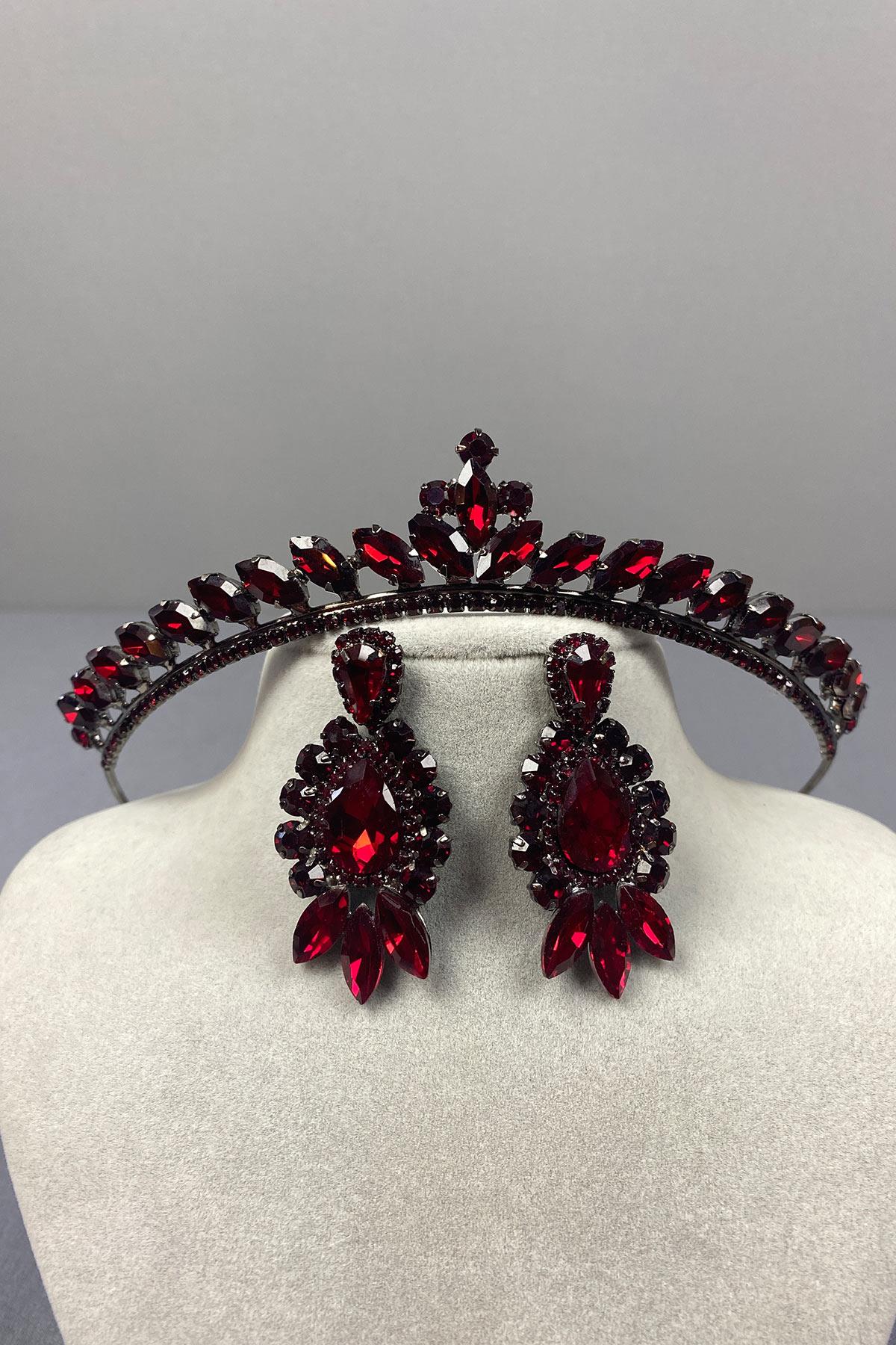 Burgundy Ece Bridal Henna Crown and Drop Shuttle Stone Earring Set
